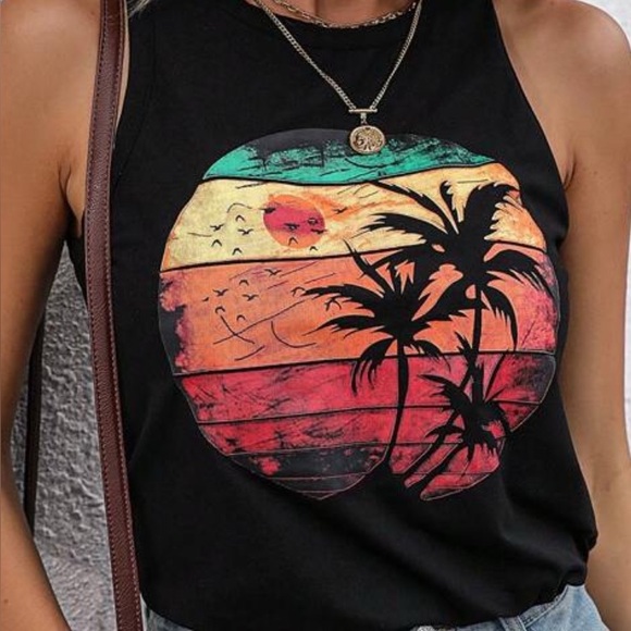 Old Navy Black Tank with Sunset Palm Design - Picture 1 of 2